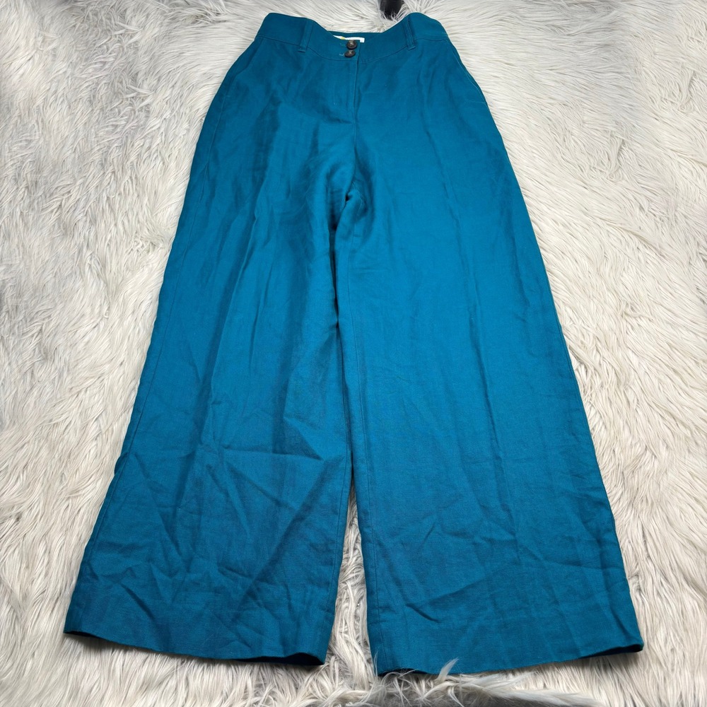 Boden Women's US 6 Teal Blue 100% Linen Wide Leg Trouser Pants Preppy Career